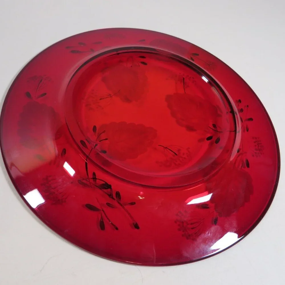 Ruby Red Thick Glass Plate with White Leaves & Gold Accents